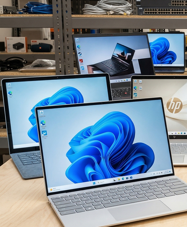 Used laptops displayed in pawnshop